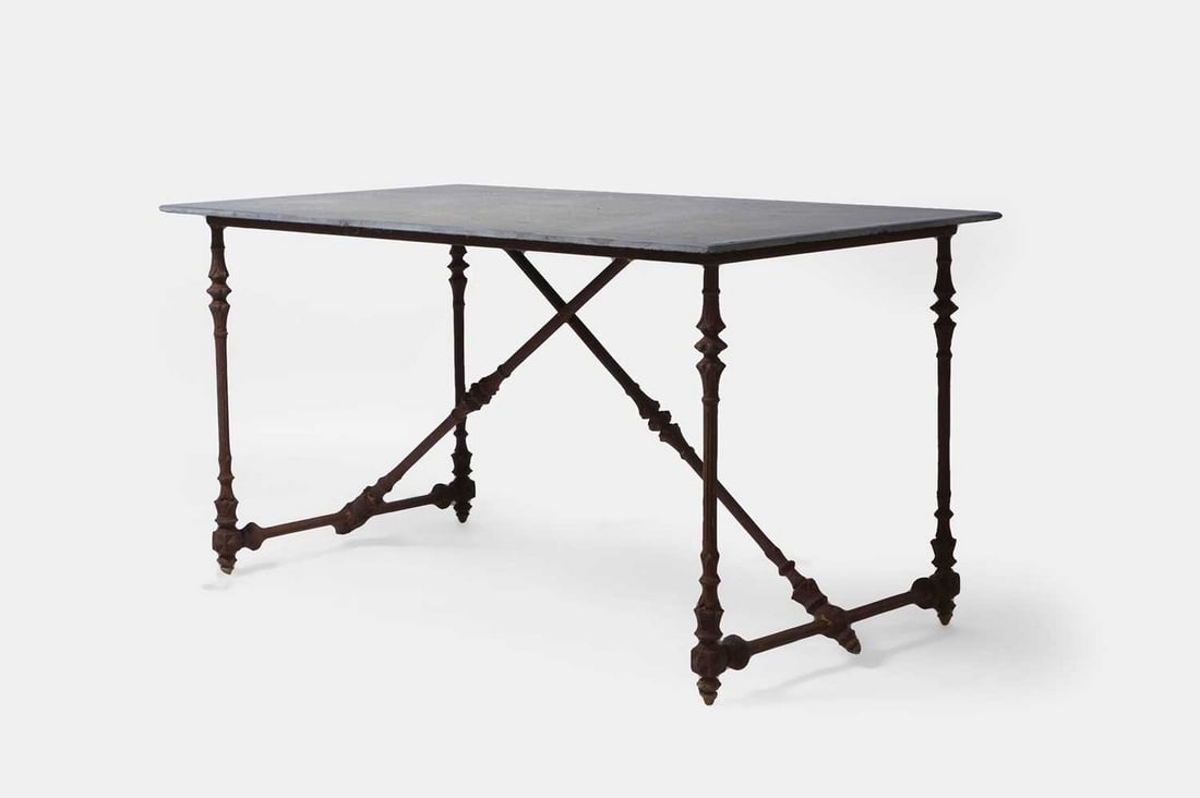An iron-framed slate garden table, late 19th/early 20th century and later, (1 of 3)