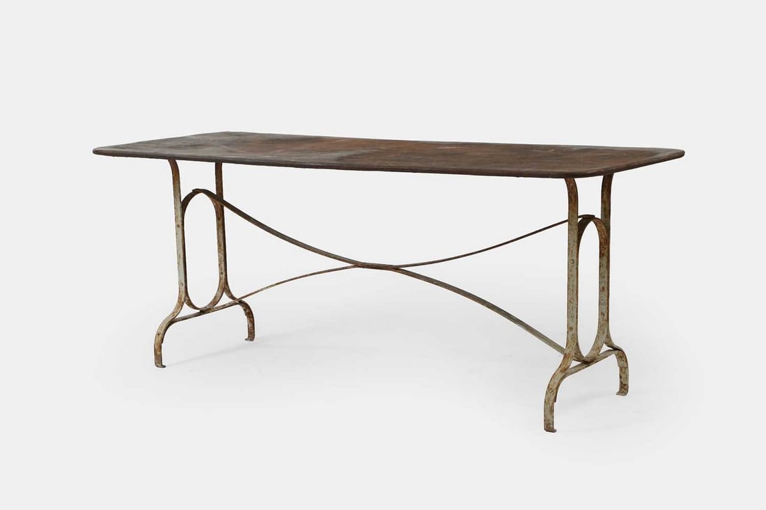 A painted-metal garden table, 20th century, possibly French, (1 of 3)