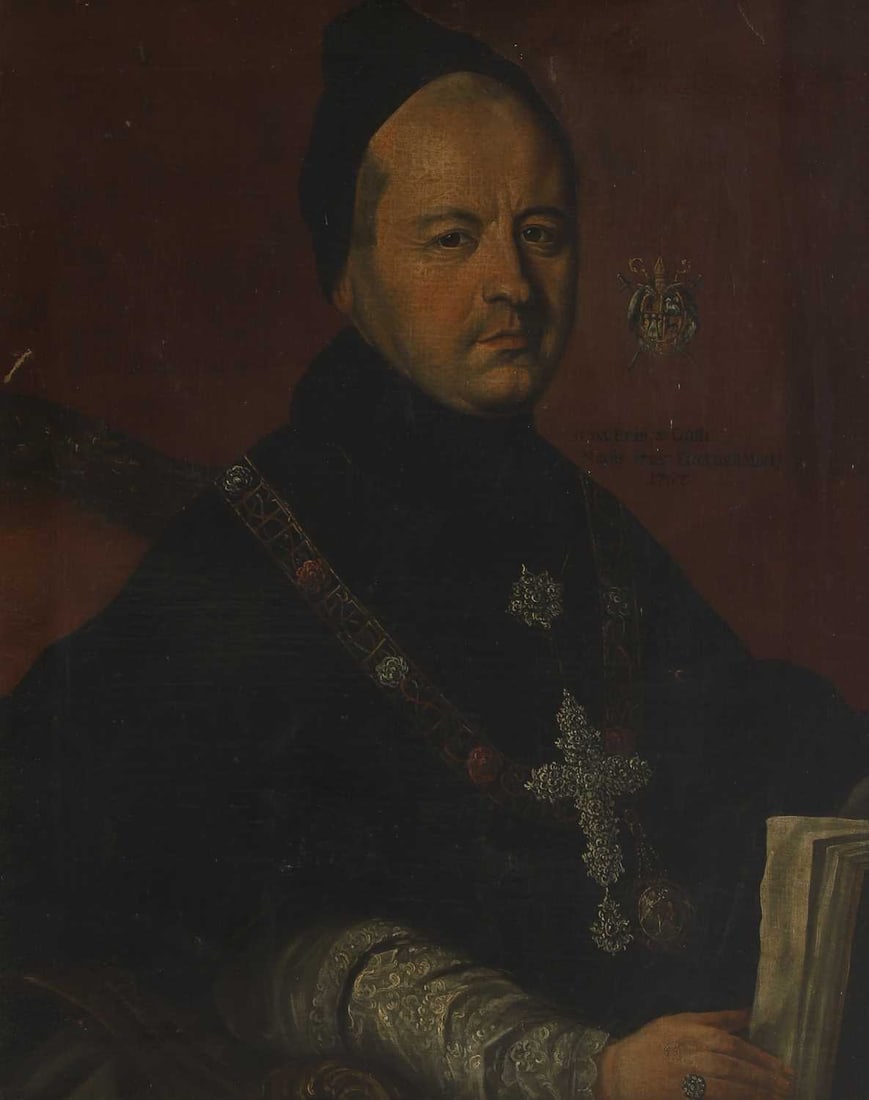 Swiss School, circa 1770 Portrait of an Abbot of St Gallen, half-length, wearing chains of office an: Swiss School, circa 1770 Portrait of an Abbot of St Gallen, half-length, wearing chains of office and holding a book inscribed 'BEDA Prin: S. Galli/Natus 1725: Electus II Martj/1767' and with a coat
