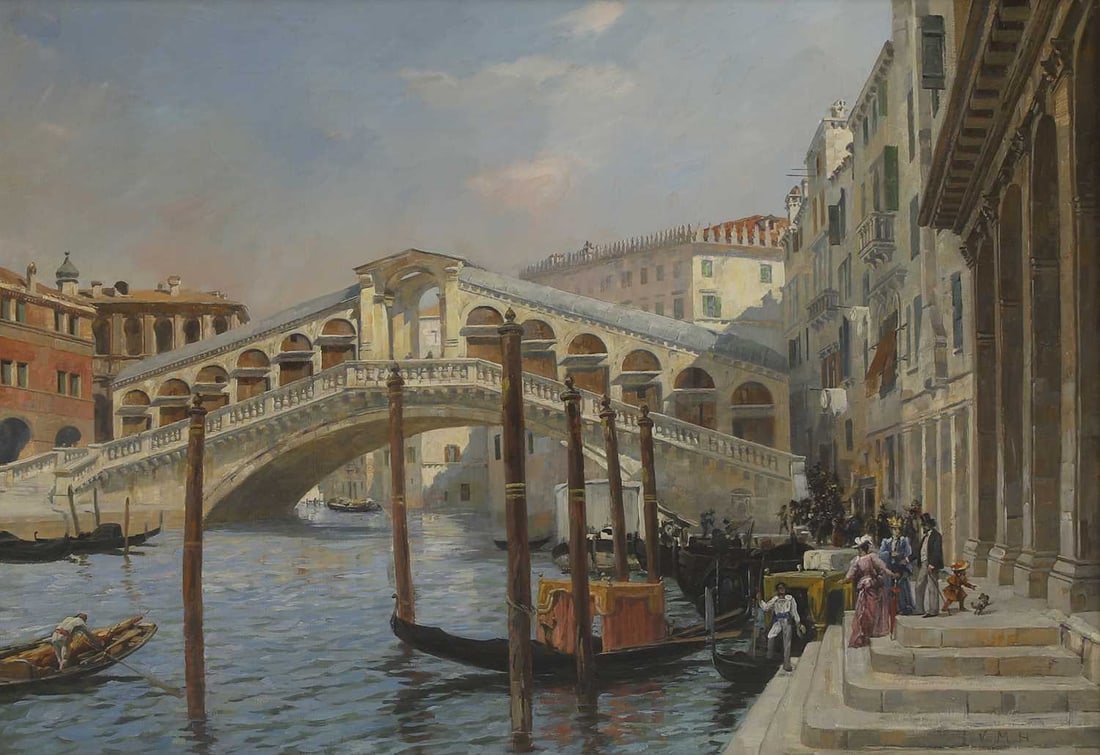 Veronica Herwegen-Manini (German, 1851-1933) Ponte di Rialto, Venice: Veronica Herwegen-Manini (German, 1851-1933) Ponte di Rialto, Venice signed with initials l.r., oil on canvas 50 x 70cm; framed 73 x 93cm Provenance: With Gladwell & Patterson, London. Condition