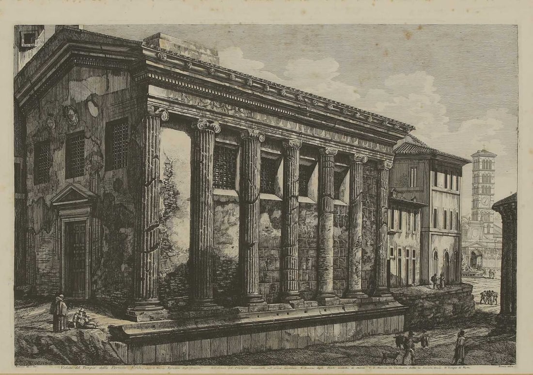 After Luigi Rossini 'Veduta del Tempio della Fortuna, Virile': After Luigi Rossini 'Veduta del Tempio della Fortuna, Virile' etching from ‘Le Antichita dei Contorni di Roma’, published 1824-26 plate 39.5 x 54.5cm; framed 63 x 77cm Condition Report: