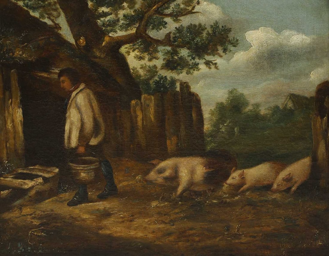 Manner of George Morland In the pigsty: Manner of George Morland In the pigsty oil on canvas 46 x 56cm; framed 71 x 82cm Condition Report: Relined. Craquelure and surface dirt. Not examined under UV light, for a full report please contact t