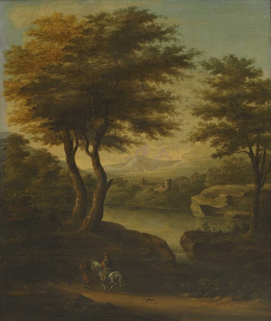 Manner of Jan Hackaert A wooded landscape with travellers by a lake (1 of 20)