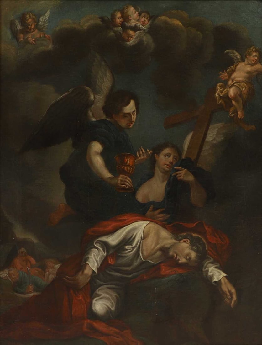 Italian School, 19th century The Agony in the Garden: Italian School, 19th century The Agony in the Garden oil on canvas 146 x 111cm; framed 174 x 139cm Condition Report: Craquelure. Surface dirt. Canvas tension is loose to the touch. Stretcher marks.