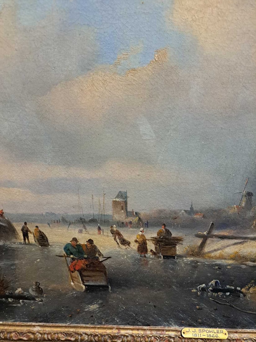 Jan Jacob Spohler (Dutch, 1811-1866) A winter landscape with figures on a frozen river - 17