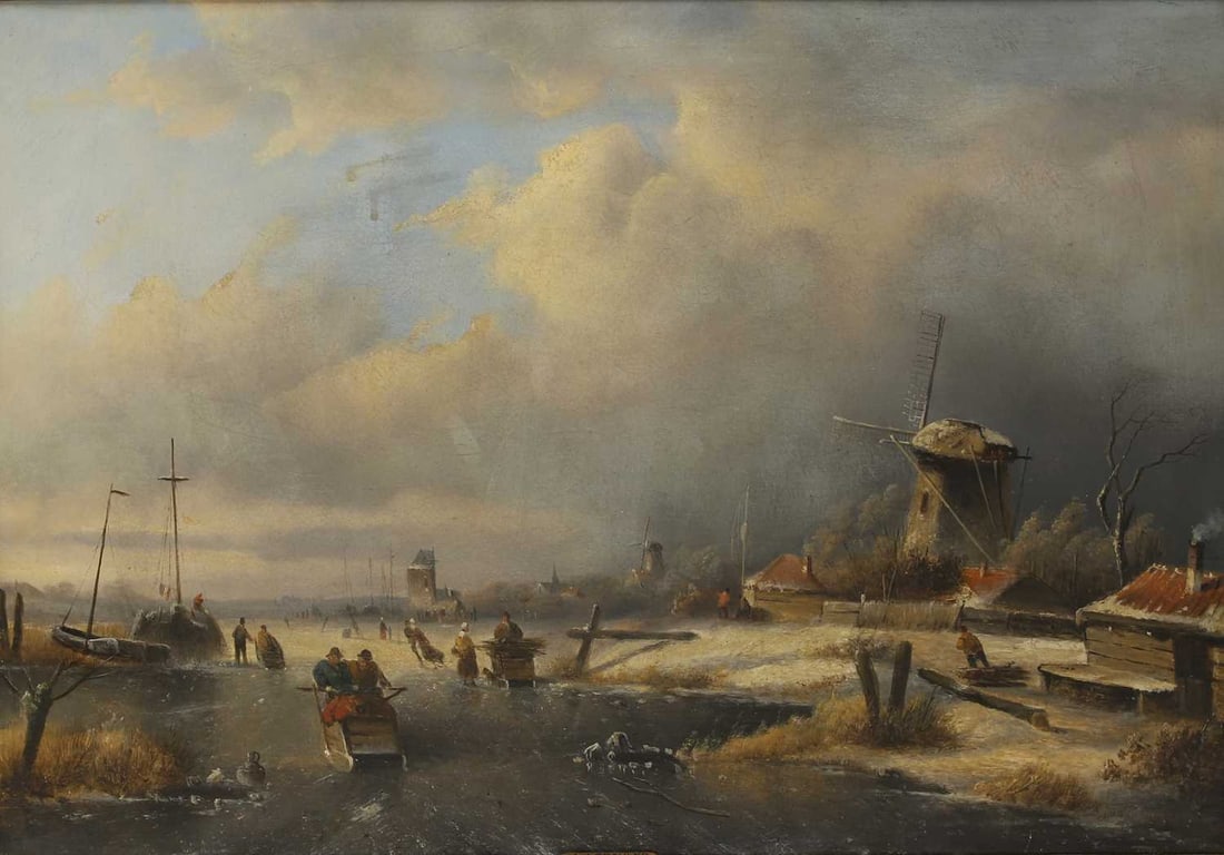 Jan Jacob Spohler (Dutch, 1811-1866) A winter landscape with figures on a frozen river (1 of 20)