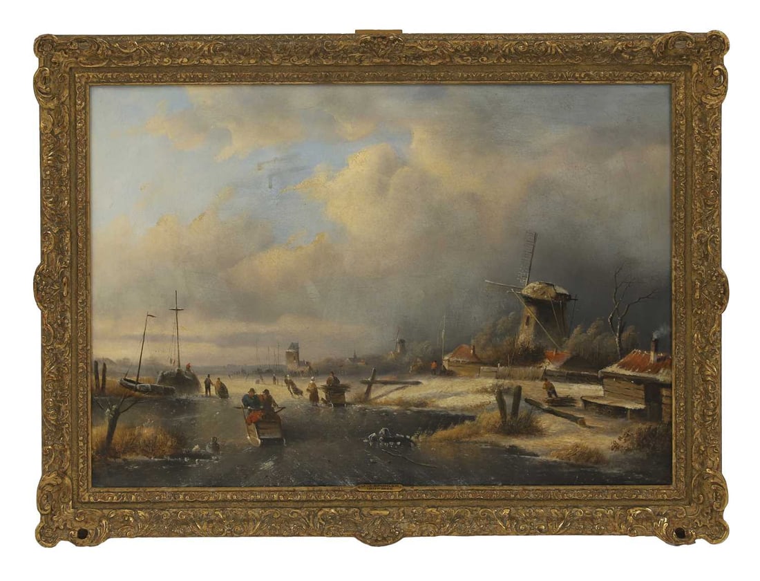Jan Jacob Spohler (Dutch, 1811-1866) A winter landscape with figures on a frozen river - 2