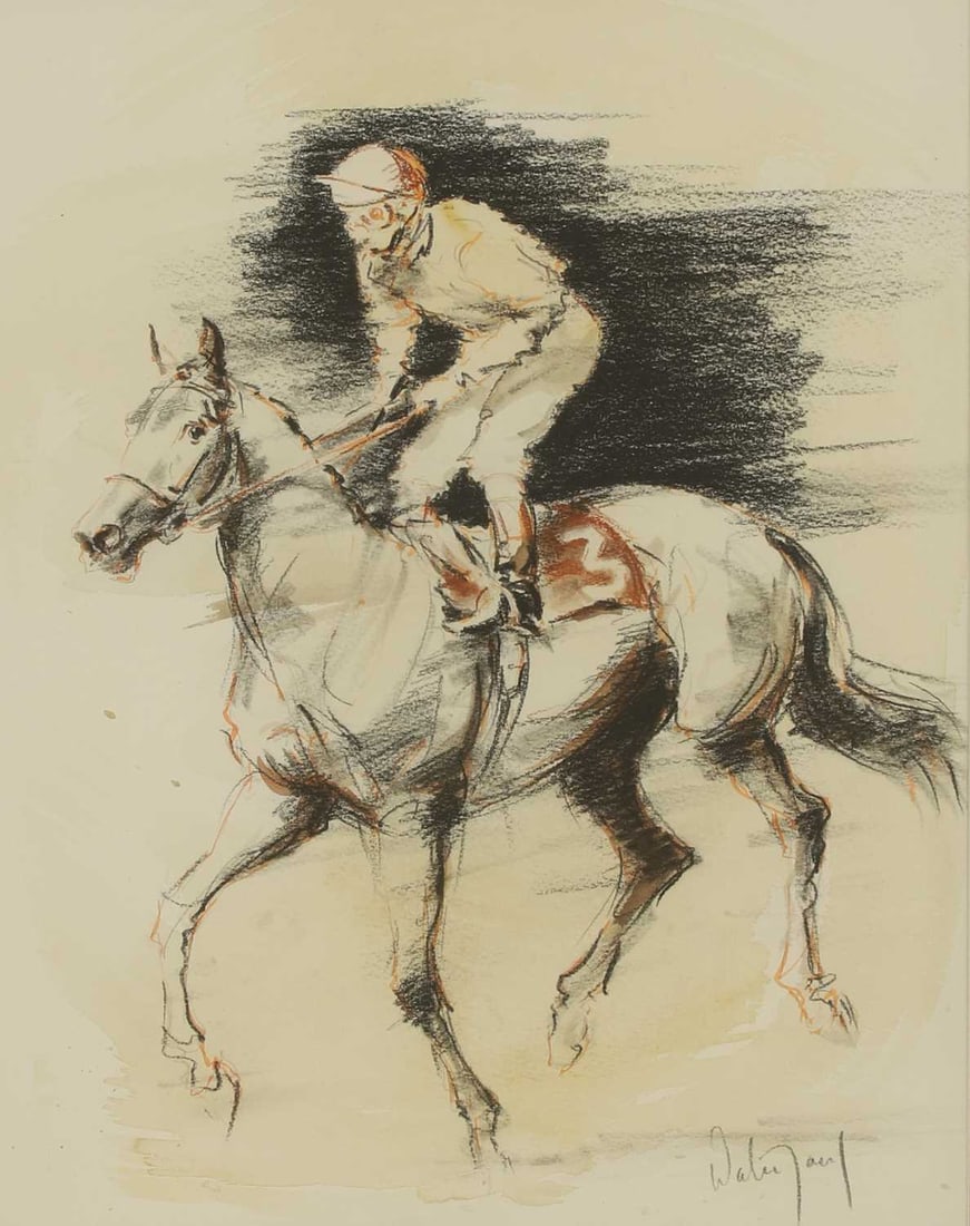 Hubert de Watrigant (French, b.1954) Horse and jockey: Hubert de Watrigant (French, b.1954) Horse and jockey signed 'Watrigant' l.r., pastel, black chalk and watercolour 44 x 33cm; framed 66.5 x 34cm Condition Report: Appears to be in good condition and