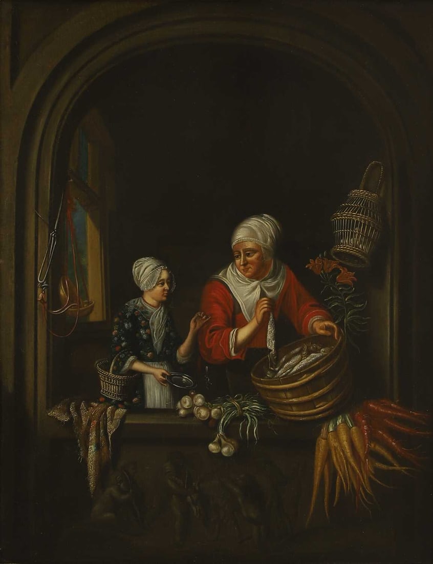 After Gerrit Dou The herring seller: After Gerrit Dou The herring seller oil on panel 49 x 38cm; framed 61.5 x 50.5cm Provenance: The estate of Howard Godfrey. Condition Report: 19th century. Fine craquelure. Presents well. Not examined