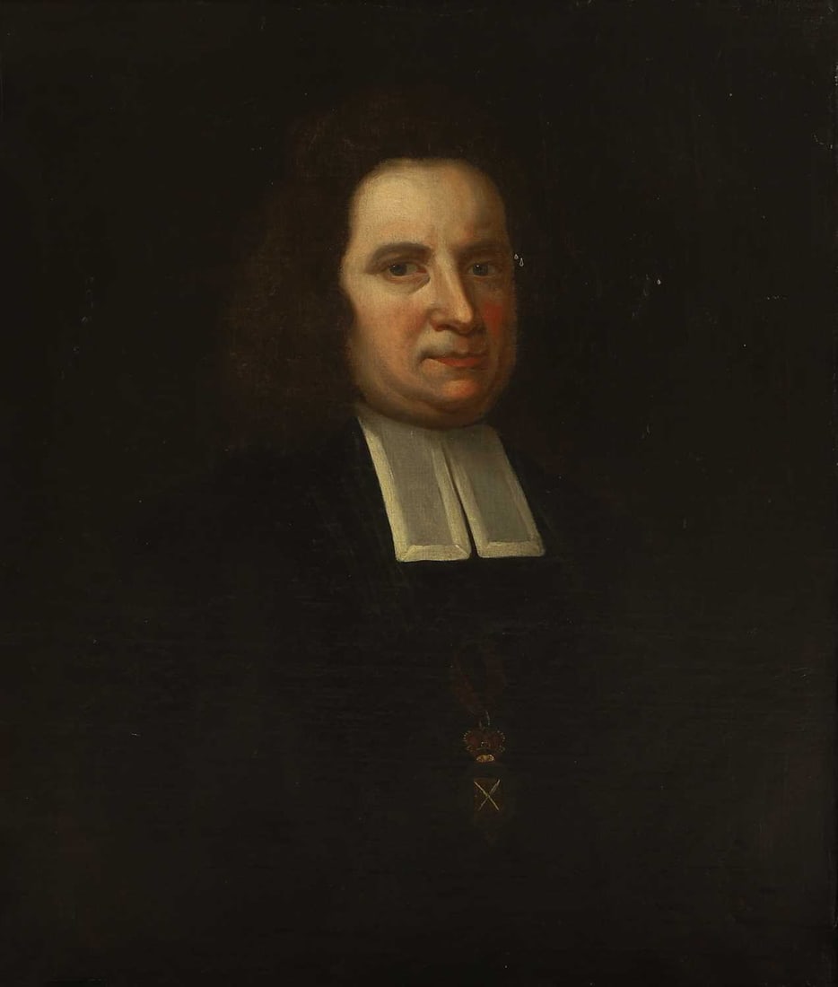 English School, late 17th century Portrait of a cleric, half-length, in a robe with preaching bands: English School, late 17th century Portrait of a cleric, half-length, in a robe with preaching bands oil on canvas 75 x 62cm; framed 86 x 74cm Condition Report: Relined. Craquelure. Paint a little