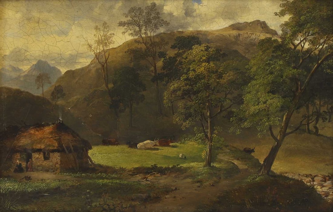 Kenneth Macleay RSA (British, 1802-1878) A highland landscape with figures by a bothy (1 of 3)