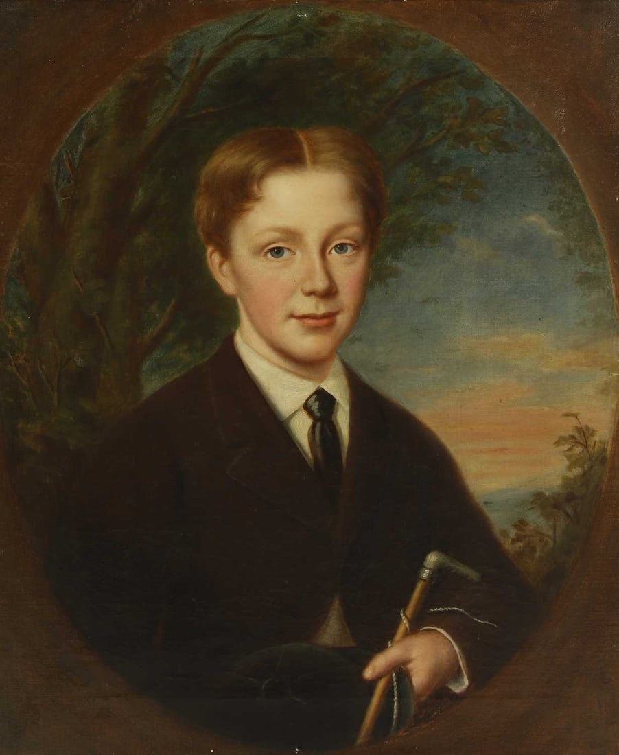 English School, late 19th century Portrait of Mountiford Bolton, half-length, in a brown coat and ho: English School, late 19th century Portrait of Mountiford Bolton, half-length, in a brown coat and holding a riding hat and crop oil on canvas, painted oval 61 x 51cm, unframed Condition Report: