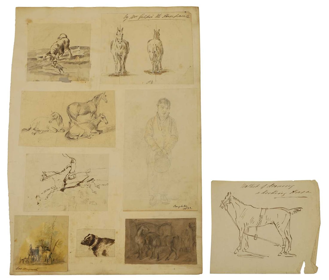 Follower of Sawrey Gilpin Study of horses: Follower of Sawrey Gilpin Study of horses inscribed 'by Mr Gilpin - the horse painter', pen and ink and wash; together with seven other drawings of horses, dogs, a bull; a portrait sketch of a boy ind