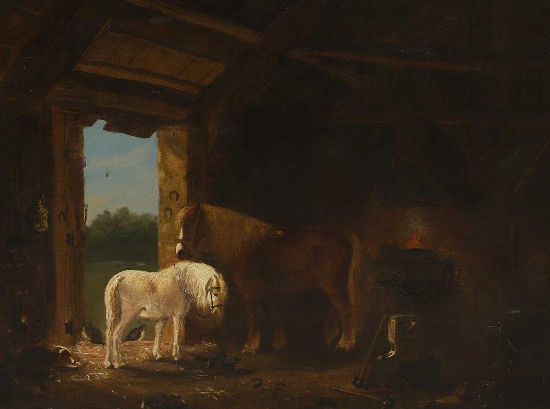 Edward Robert Smythe (British, 1810-1899) Horses waiting to be shoed (1 of 2)