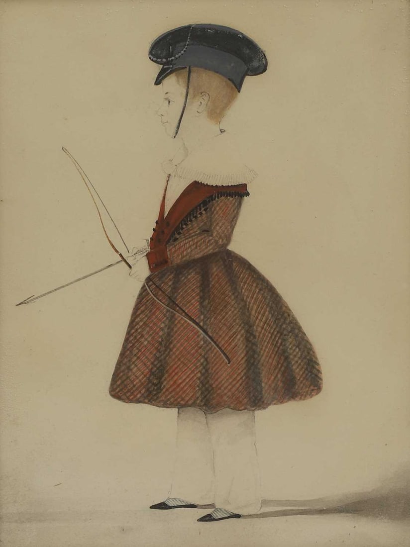 English School, 19th century Portrait of a child holding a bow and arrow: English School, 19th century Portrait of a child holding a bow and arrow indistinctly inscribed and dated 'June 1842' on a torn label on backboard verso, pen and ink and watercolour 17 x 12.5cm;
