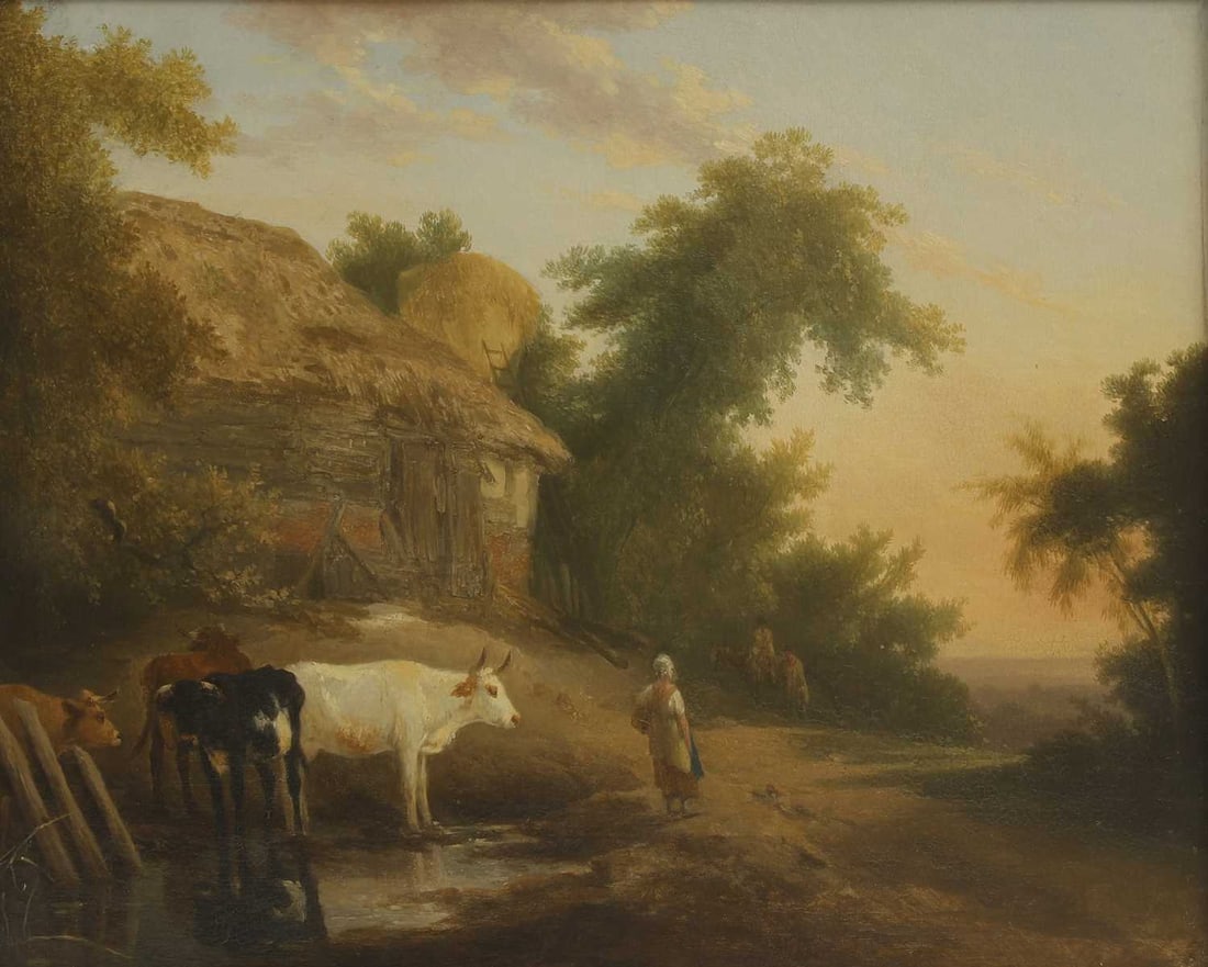 Circle of Edmund Bristow (British, 1787-1876) Figures and cattle before a barn: Circle of Edmund Bristow (British, 1787-1876) Figures and cattle before a barn oil on board 46 x 56cm; framed: 59 x 69cm Condition Report: Craquelure. Rubbing to right edge. Not examined under UV