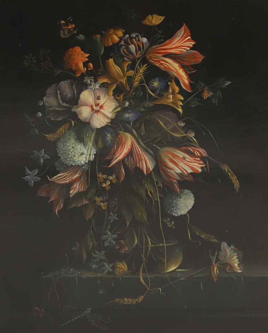 Dutch School, 20th century A still life of a vase of flowers with butterflies, a dragonfly and other (1 of 3)