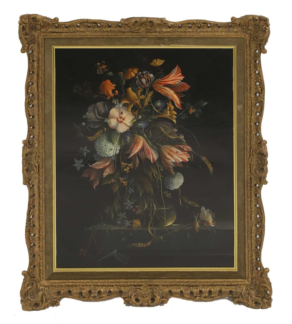 Dutch School, 20th century A still life of a vase of flowers with butterflies, a dragonfly and other - 2