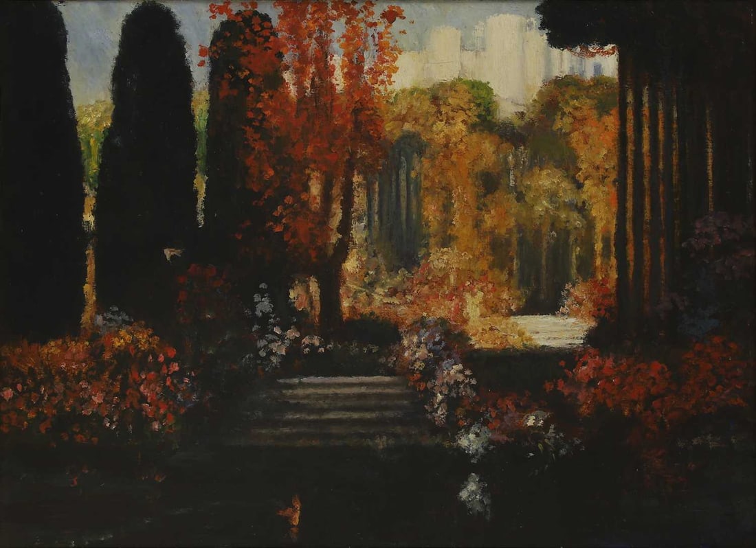 Thomas Edwin Mostyn (British, 1864-1930) A garden in autumn: Thomas Edwin Mostyn (British, 1864-1930) A garden in autumn signed 'Tom Mostyn' verso, oil on canvas 53 x 72cm; framed 66 x 85cm Condition Report: There is a small 1cm x 1cm L shaped tear to the trees
