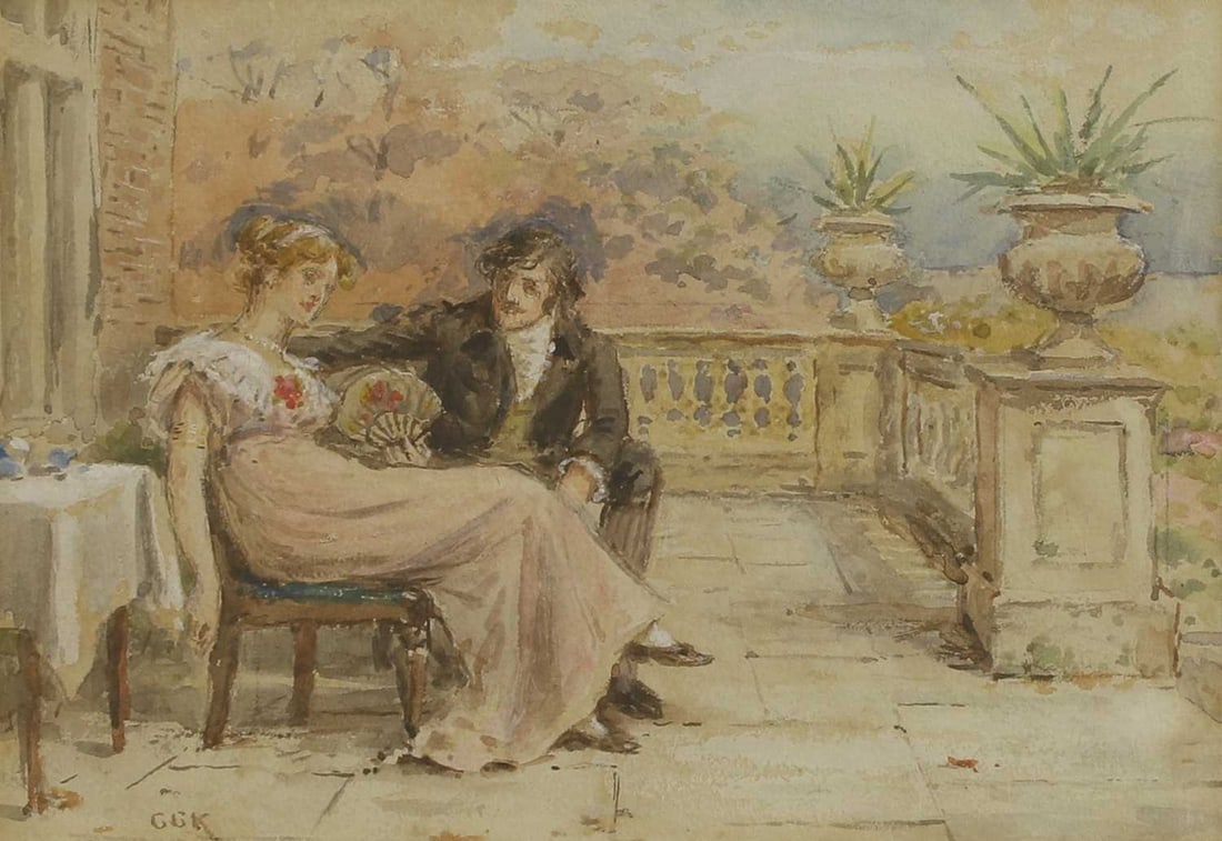 George Goodwin Kilburne (British, 1839-1924) 'The Proposal': George Goodwin Kilburne (British, 1839-1924) 'The Proposal' signed with initials l.l., watercolour heightened with white 12 x 17cm; framed 30.5 x 35.5cm Condition Report: Colours possibly slightly