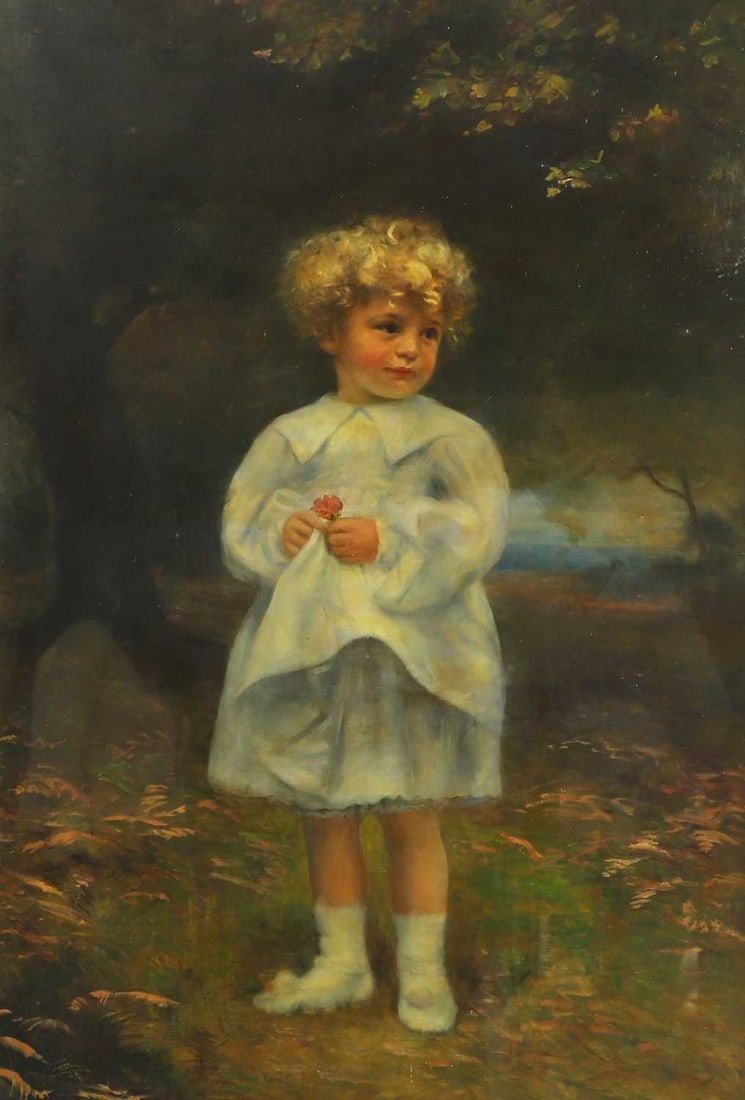 English School, 19th/20th century A portrait of a young child holding a flower in a naturalistic lan: English School, 19th/20th century A portrait of a young child holding a flower in a naturalistic landscape oil on canvas 142 x 97cm; framed 156 x 121cm Condition Report: Unlined. A few cracks