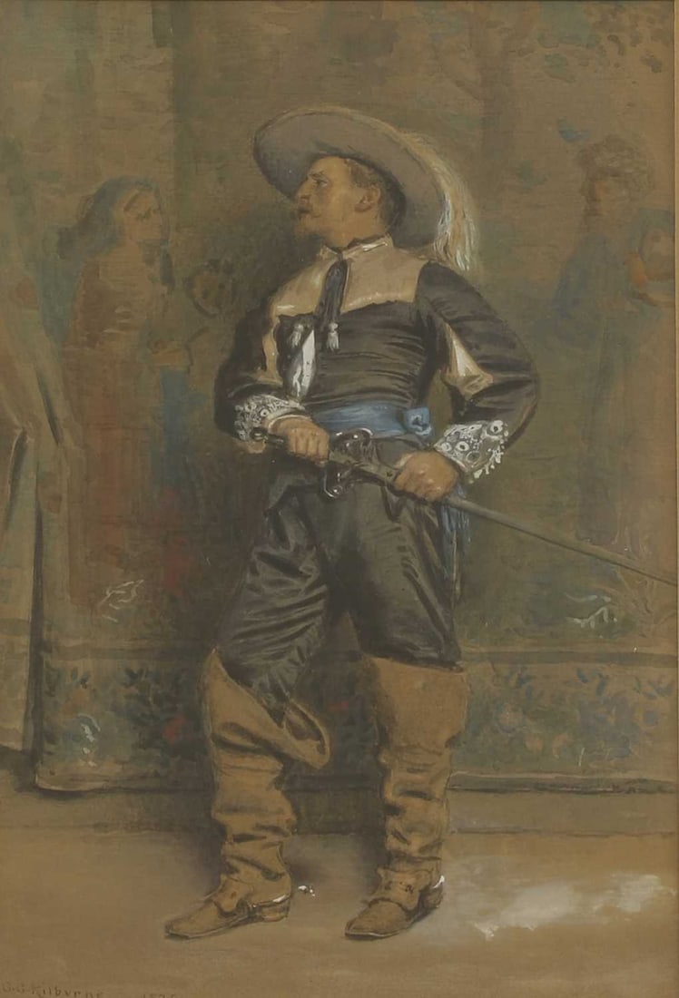 George Goodwin Kilburne (British, 1839-1924) A cavalier: George Goodwin Kilburne (British, 1839-1924) A cavalier signed and dated 'G.G.Kilburne 1874' l.l., watercolour heightened with white 21 x 13cm; framed 40 x 33cm Provenance: Bonhams, London, 25 May