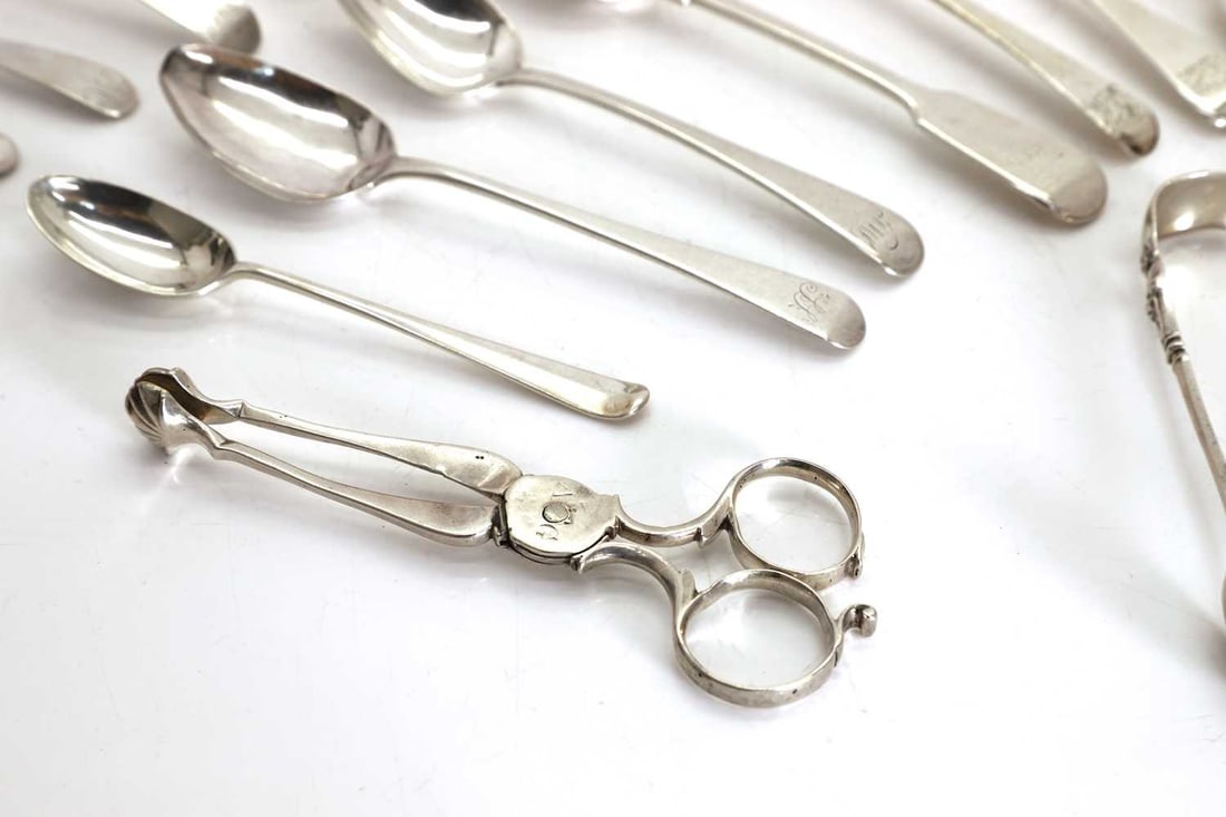 A collection of silver teaspoons and flatware, - 2