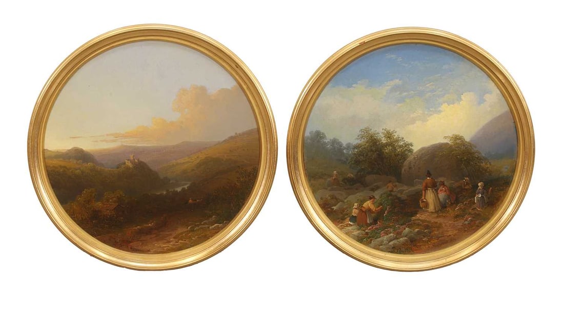 William Spreat (British, 1816-1897) 'Oakhampton Castle from the Park' and 'Whortleberry Pickets on t: William Spreat (British, 1816-1897) 'Oakhampton Castle from the Park' and 'Whortleberry Pickets on the Moor below Black Tor' a pair, both signed and dated 'W. Spreat 1876', oil on board, tondo 34cm
