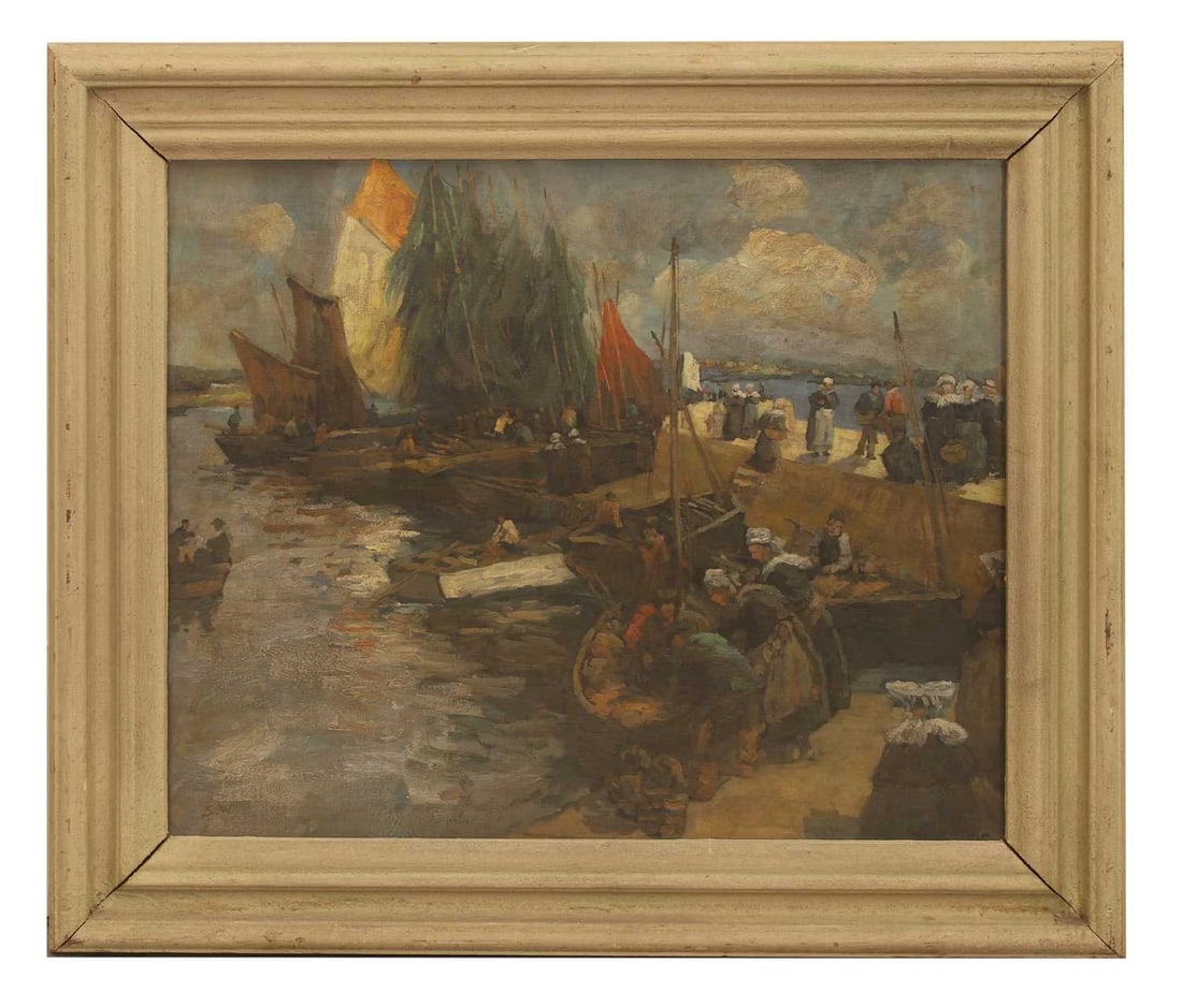 S... W... (late 19th/early 20th century) A view of a harbour: S... W... (late 19th/early 20th century) A view of a harbour signed with intials 'S.W' l.l., oil on canvas laid on board 50.5 x 60.5cm, framed 66.5 x 77cm Condition Report: Light surface dirt.