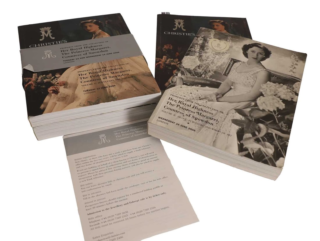 Two pairs of Christie's auction catalogues, 20th century,: Two pairs of Christie's auction catalogues, 20th century, property from the collection of Her Royal Highness Princess Margaret, Countess of Snowdon both with two volumes, one used, the other unused
