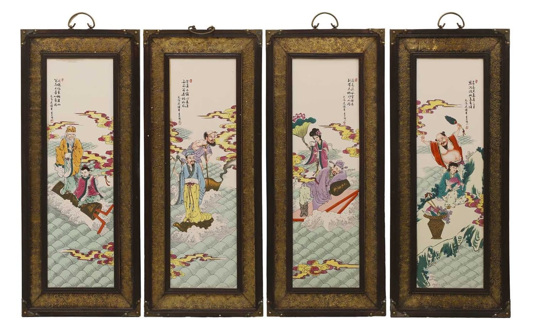 Four Chinese porcelain plaques, of recent manufacture: Four Chinese porcelain plaques, of recent manufacture decorated with figures within wooden frames 38cm wide, 92cm high