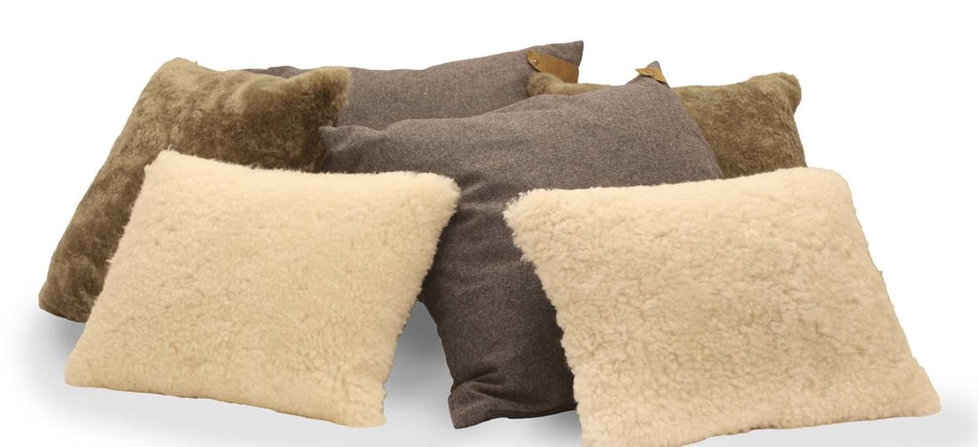 Six wool cushions by Shepherd of Sweden, of recent manufacture: Six wool cushions by Shepherd of Sweden, of recent manufacture blue, grey and cream the largest 45cm square