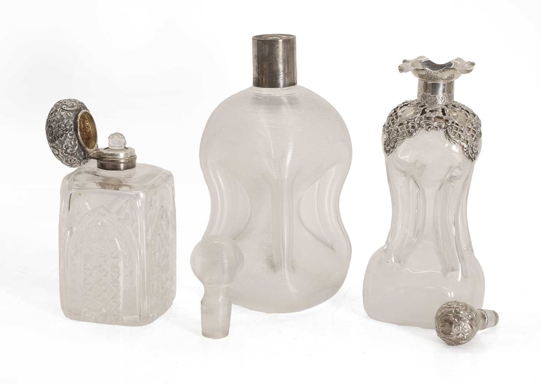 A silver mounted decanter and a scent bottle, various marks, - 2