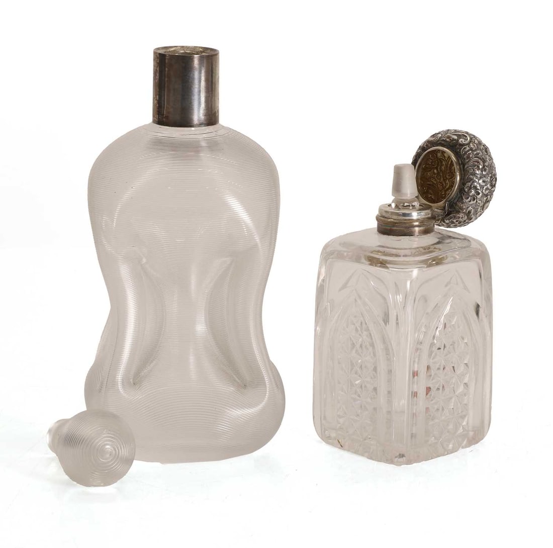 A silver mounted decanter and a scent bottle, various marks, - 3