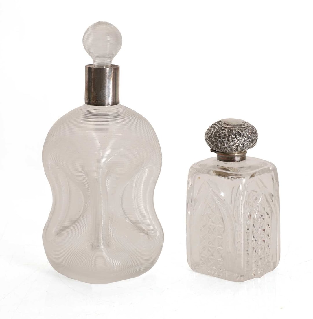 A silver mounted decanter and a scent bottle, various marks, - 4