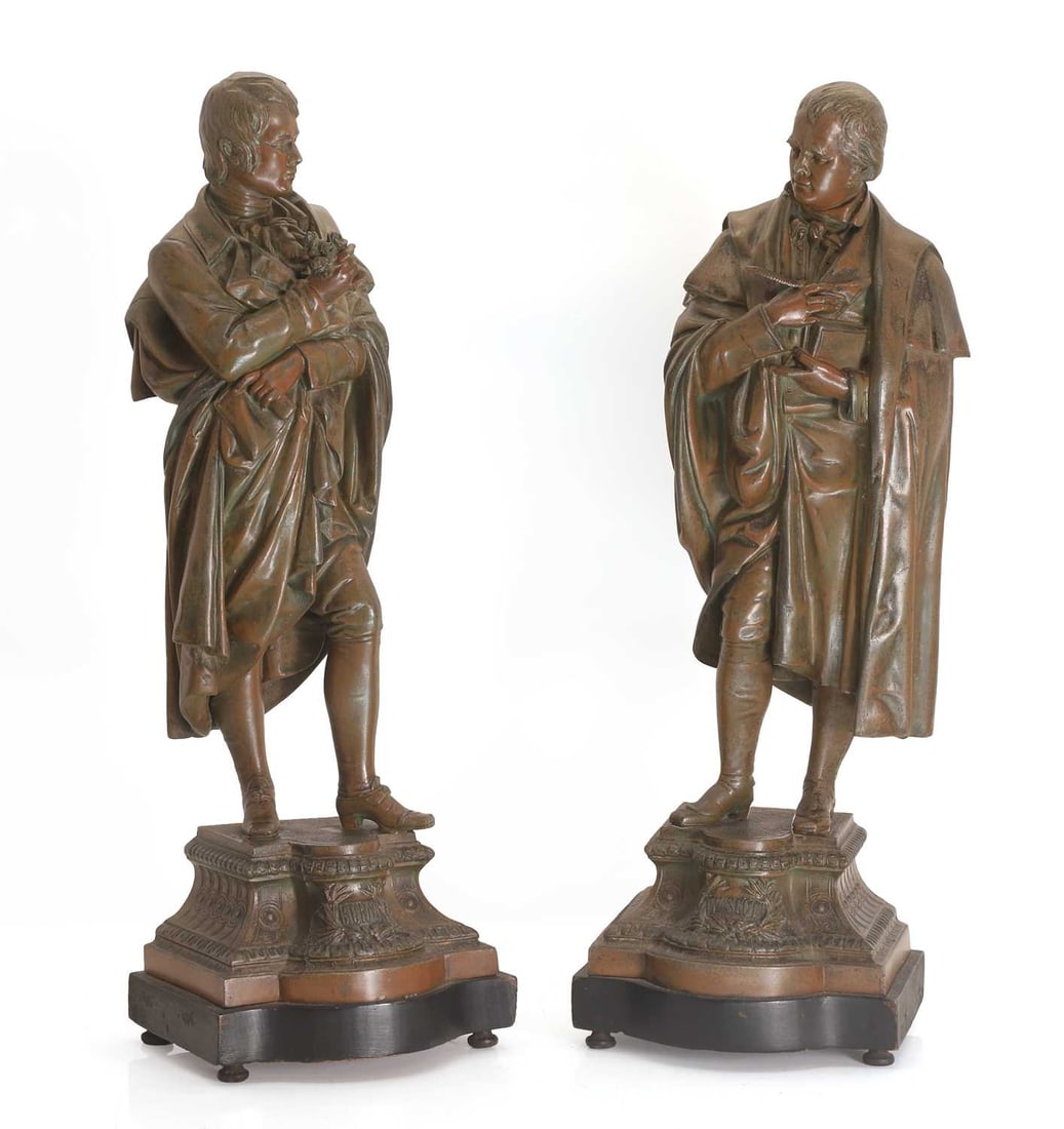A pair of Victorian spelter figures, 19th century,: A pair of Victorian spelter figures, 19th century, bronzed, of Walter Scott and Robert Burns, inscribe 'R.BURNS' and 'W.SCOTT', indistinctly inscribed ot the reverse 18cm wide, 59cm high 2