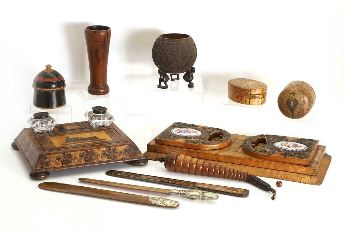 A Parkins & Gotto Hungarian ash book slide, late 19th century,: A Parkins & Gotto Hungarian ash book slide, late 19th century, with an ivory label, gilt and porcelain mounted, a Tunbridgeware desk stand and pen, with a pair of inkwells, inlaid with a country