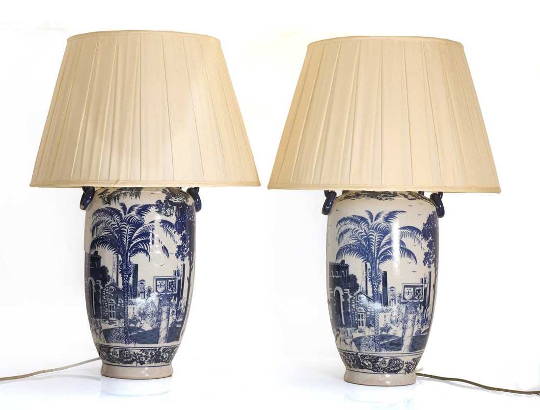 A pair of large blue and white porcelain table lamps, of recent manufacture, (1 of 2)