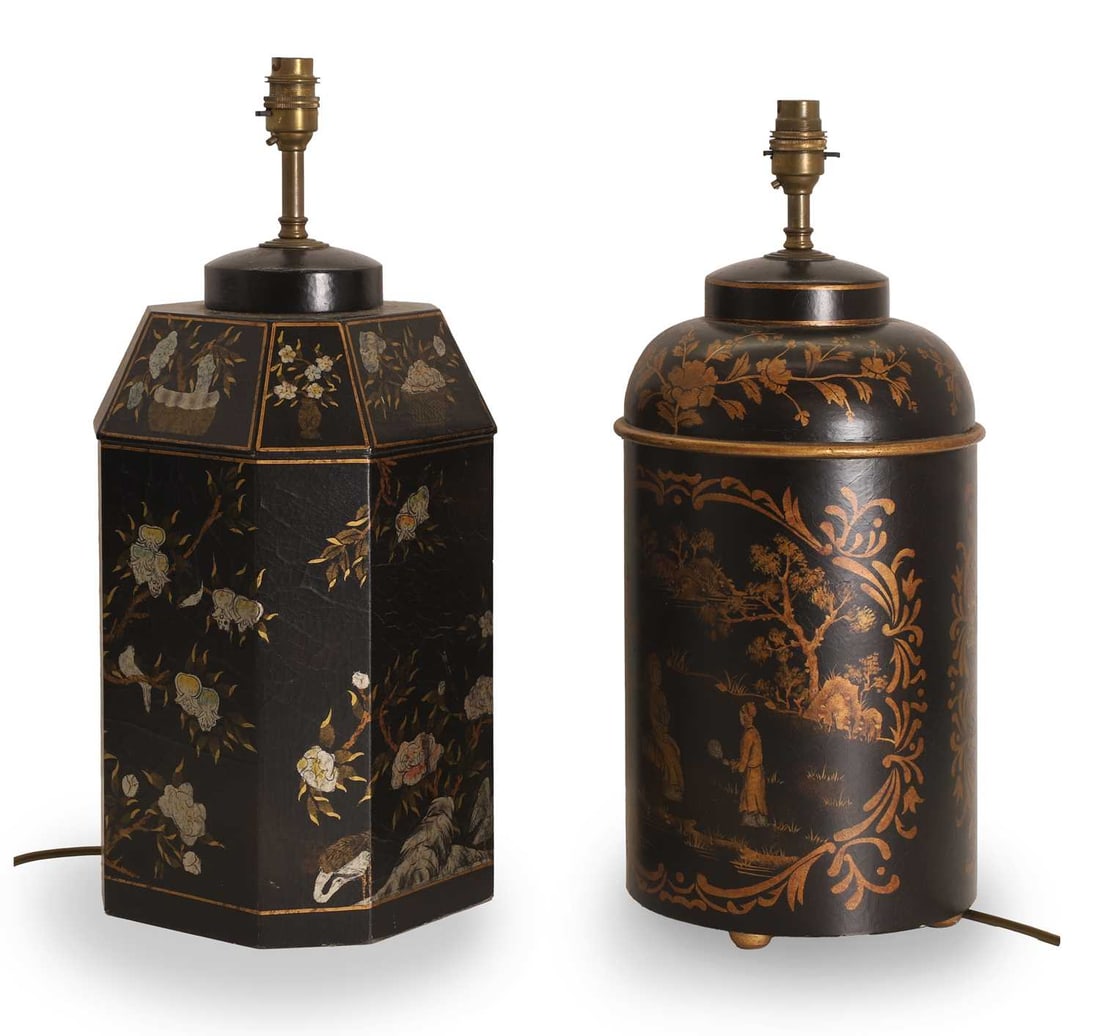 A Chinese style lacquered tea canister lamp base, of recent manufacture,: A Chinese style lacquered tea canister lamp base, of recent manufacture, together with another similar 47cm high 2 Provenance: The contents of Thornton House, Clare.