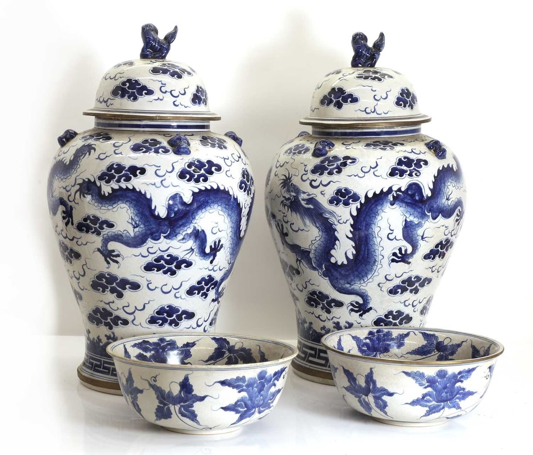 A pair of large blue and white porcelain jars and covers, of recent manufacture, (1 of 2)