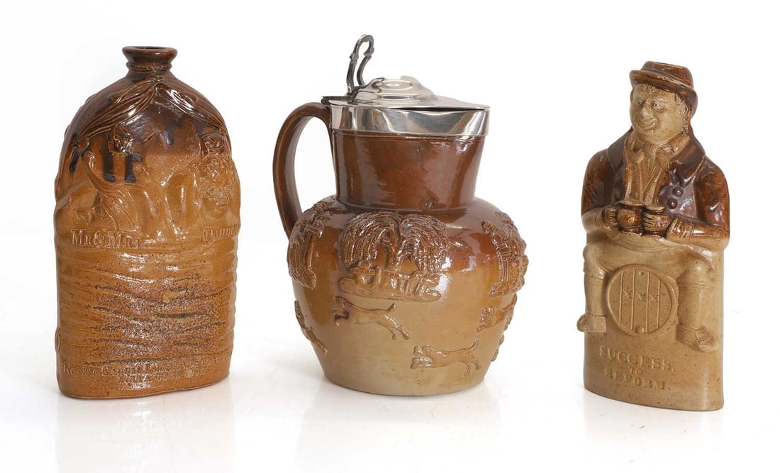 Two salt glazed Reform stoneware flasks, 'Success to Reform' and 'Mr & Mrs Caudle', 19th century, (1 of 2)