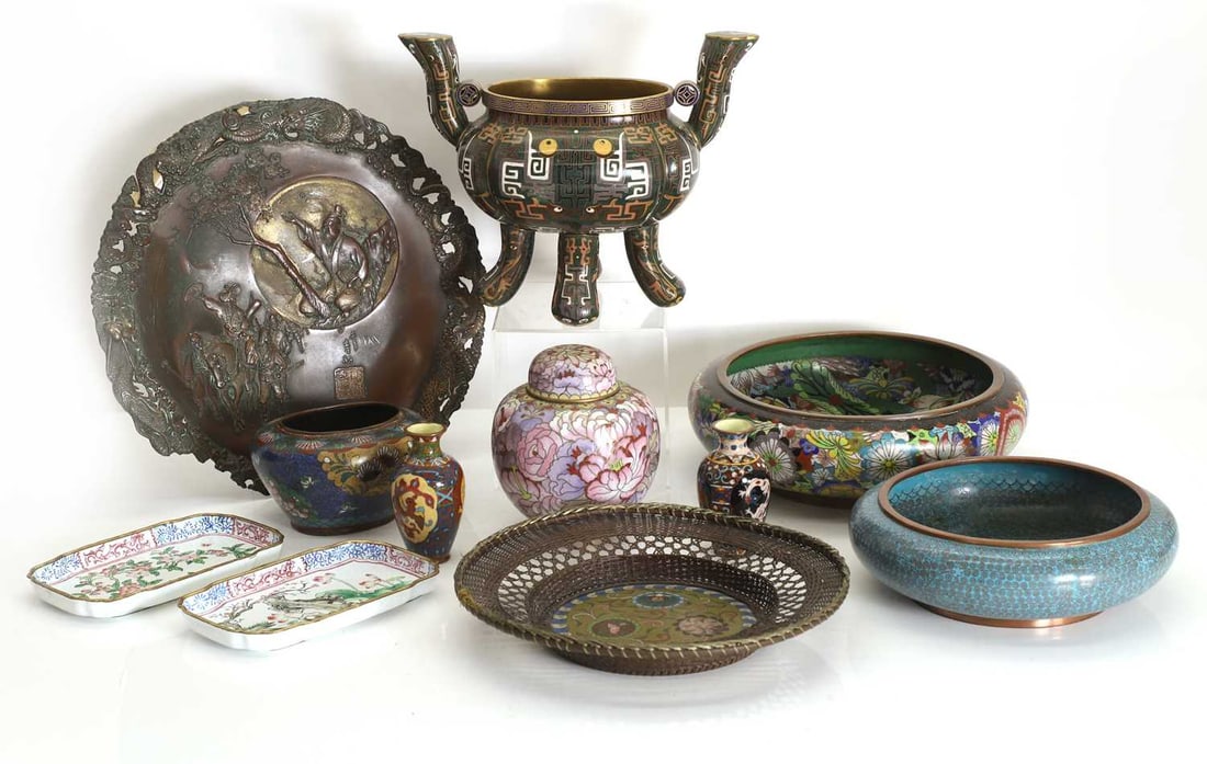 A collection of Chinese and Japanese cloisonne items, 19th and 20th century,: A collection of Chinese and Japanese cloisonne items, 19th and 20th century, a koro, two bowls, two small vases, a small jardiniere, a cloisonne and woven copper basket weave dish, a pair of enamelled