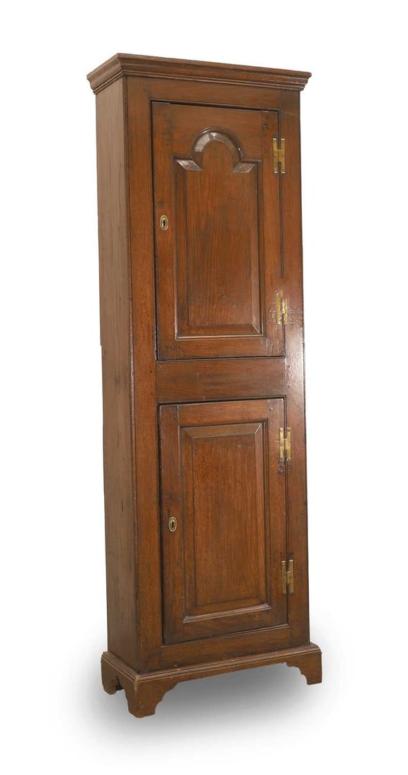 A tall oak cupboard, late 18th / 19th century,: A tall oak cupboard, late 18th / 19th century, with a pair of arching panelled doors and shaped shelves within 56cm wide, 26cm deep, 158cm high Provenance: The contents of Thornton House, Clare.