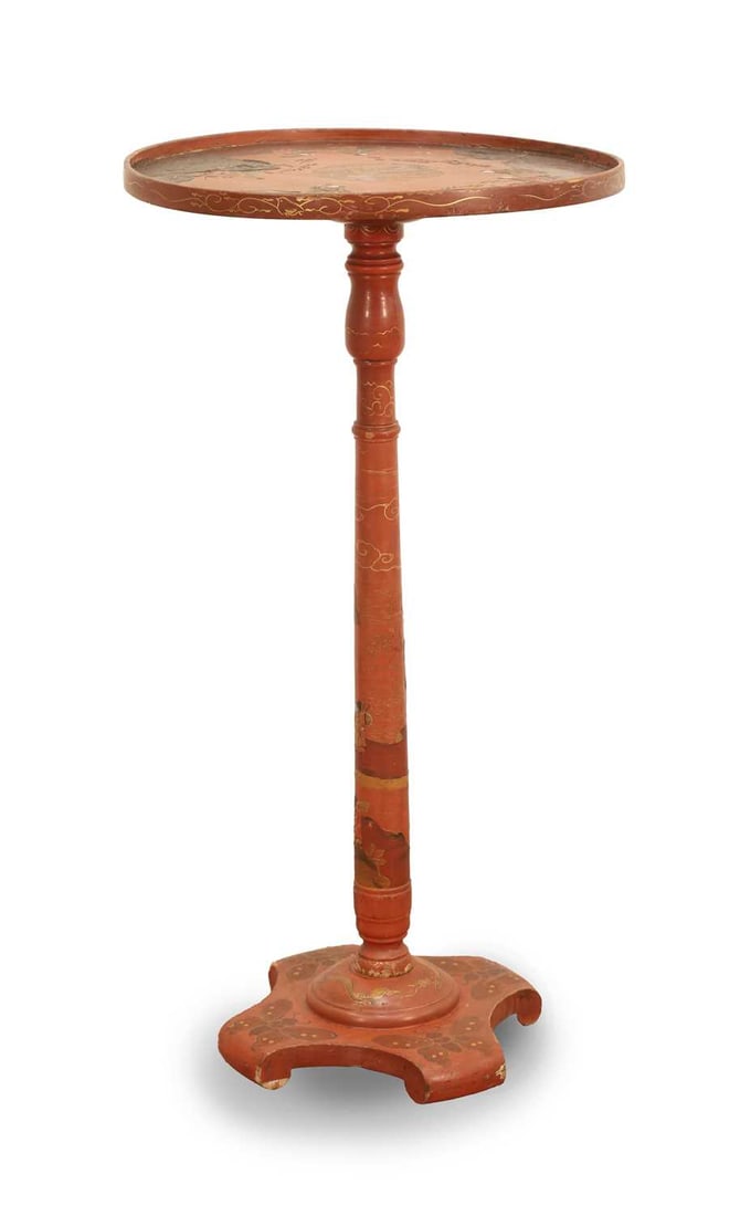 A Japenese style lacquered chinoiserie side table, 20th century,: A Japenese style lacquered chinoiserie side table, 20th century, with red lacquered ground with gilt decoration to the top surface 35.5cm wide, 68cm high Condition Report: The column is loose and knoc