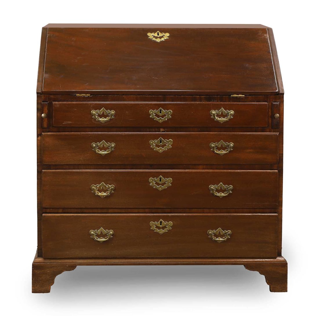 A George III mahogany bureau, third quarter 18th century,: A George III mahogany bureau, third quarter 18th century, with fall, over four graduated drawers and on bracket feet 92cm wide, 52cm deep, 101cm high Condition Report: Re-polished, drawers run