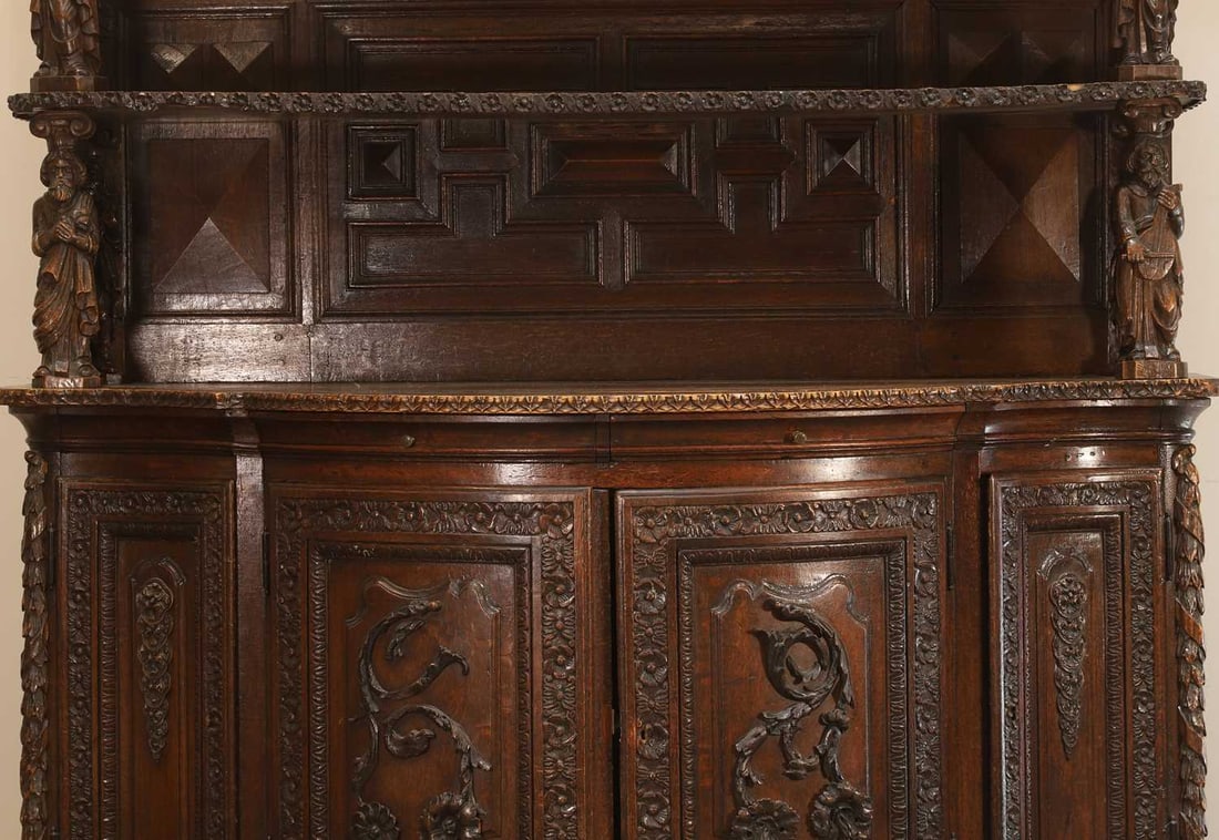 A Renaissance-style carved oak and beech dresser, 19th century, but possibly incorporating some earl - 2