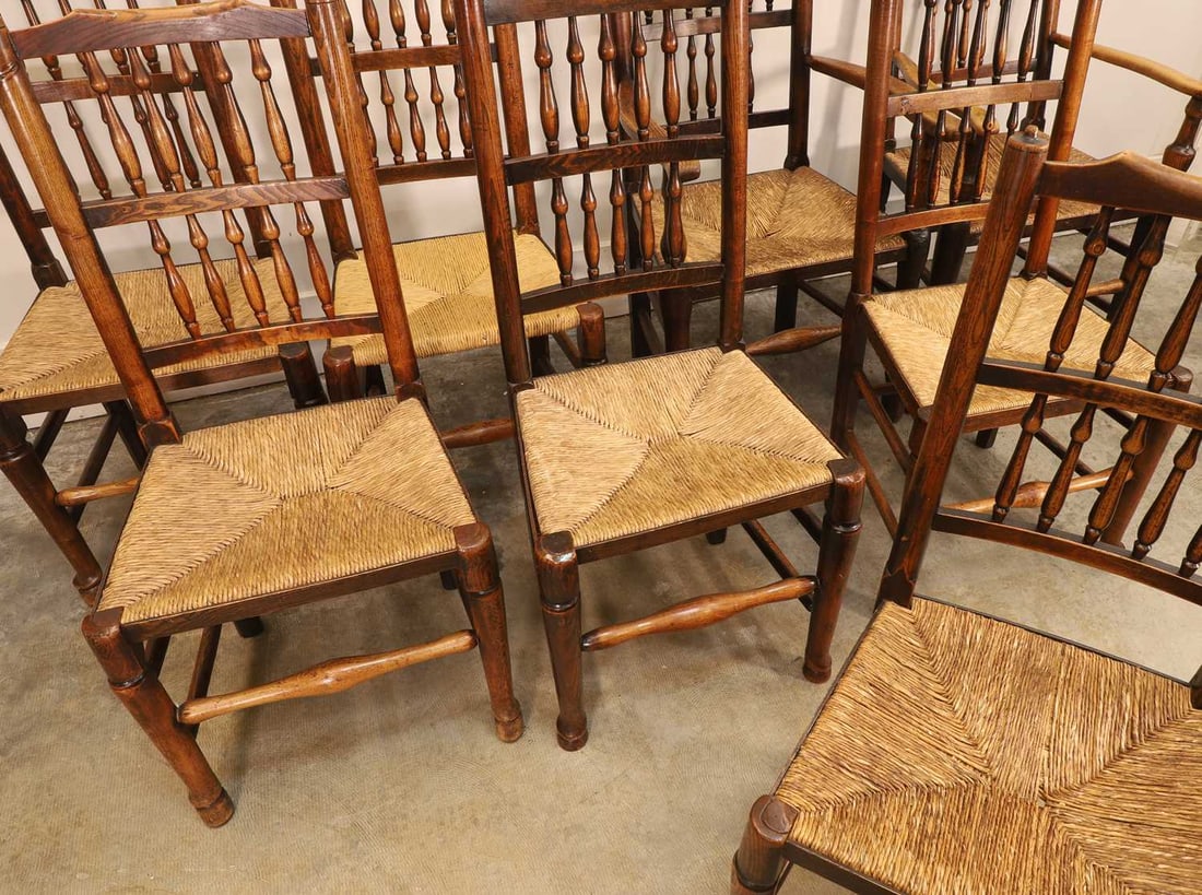 A set of six plus two elm and ash spindle back chairs, late 18th century, - 2