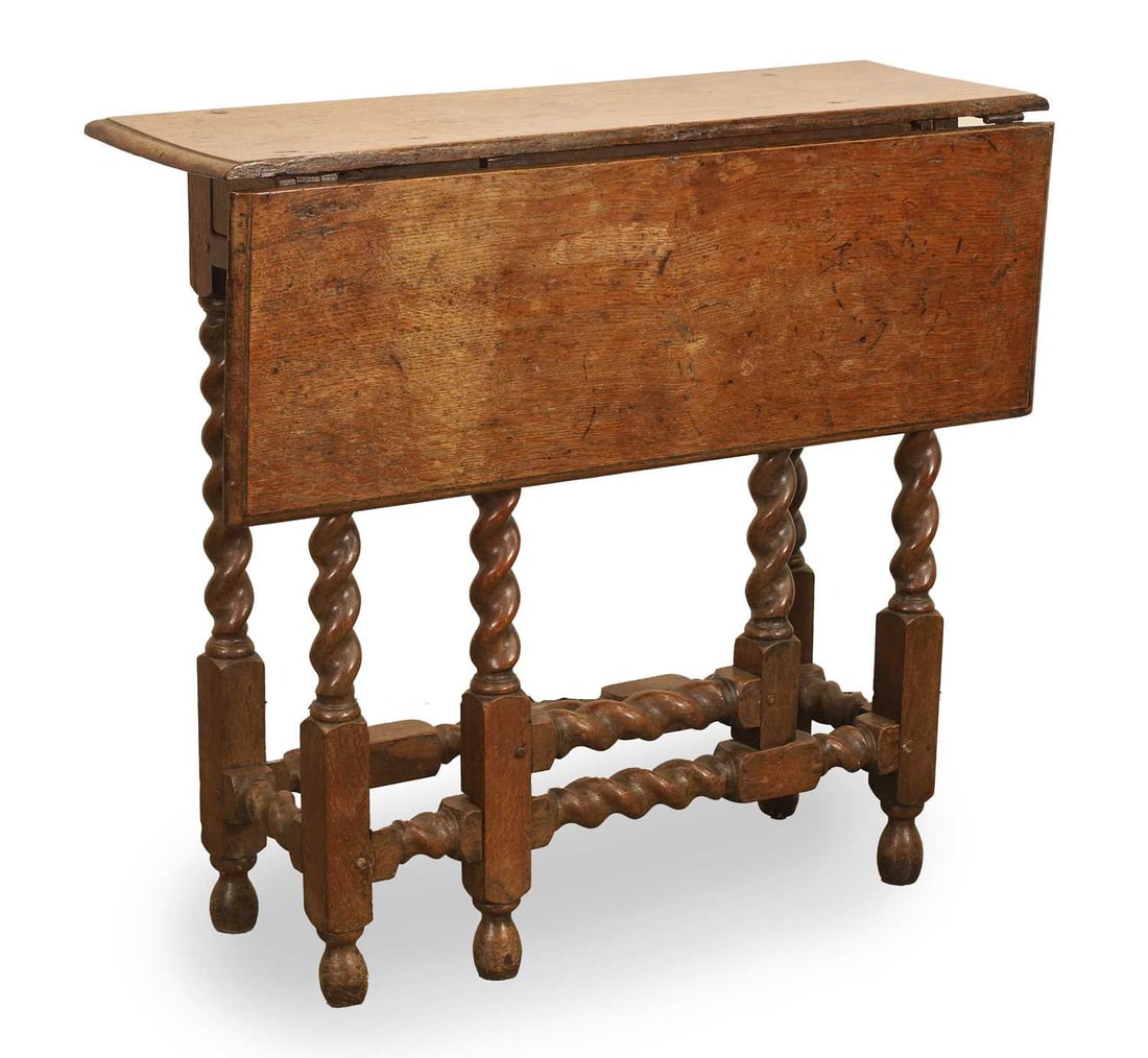 A William and Mary single drop flap table, late 17th century,: A William and Mary single drop flap table, late 17th century, with barley twist supports and a single drawer 73cm wide, 30cm deep, 61cm high Provenance: The contents of Thornton House, Clare.