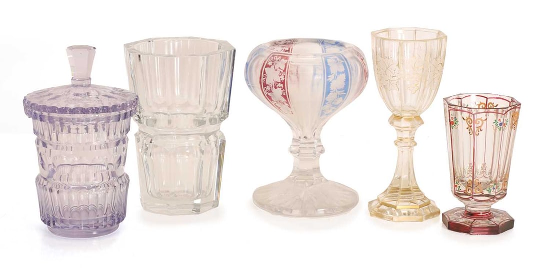 Two Bohemian glass goblets,: Two Bohemian glass goblets, a vase, an amethyst vase and cover, and a Baccarat vase 5 Condition Report: Some