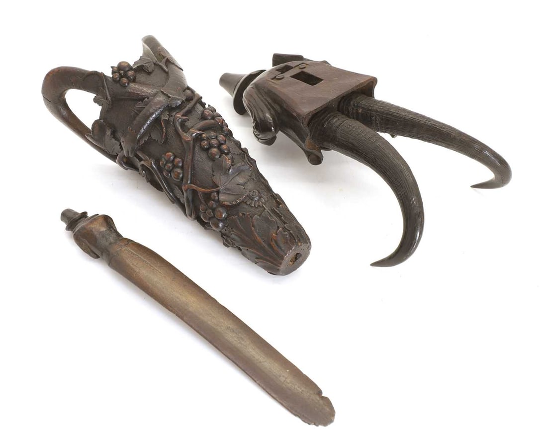 A Black Forest double horn and wood coat hook and a pot and letter opener, mid 19th century, - 2